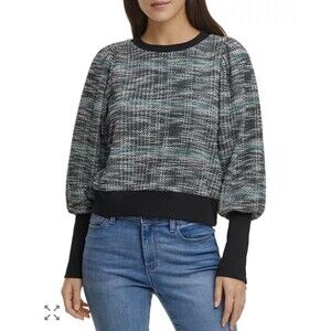 Dkny Long Puff Sleeve Sweater With Zipper Cuffs Black & Green Size Medium